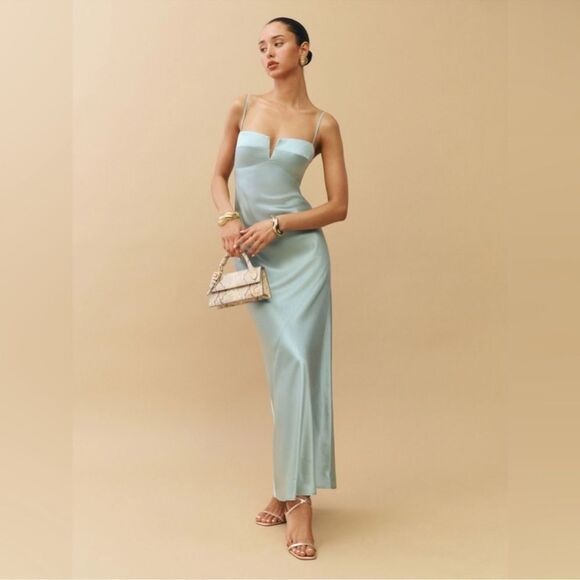 Reformation Brie Silk Maxi dress in Aquamarine Size 6 NWT